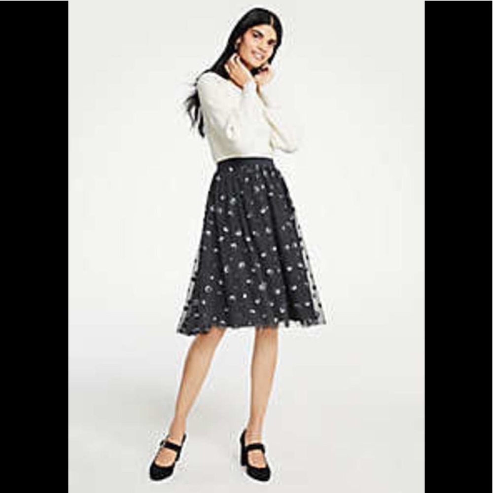 Ann Taylor Black A-Line Midi Skirt with White Floral Embroidery